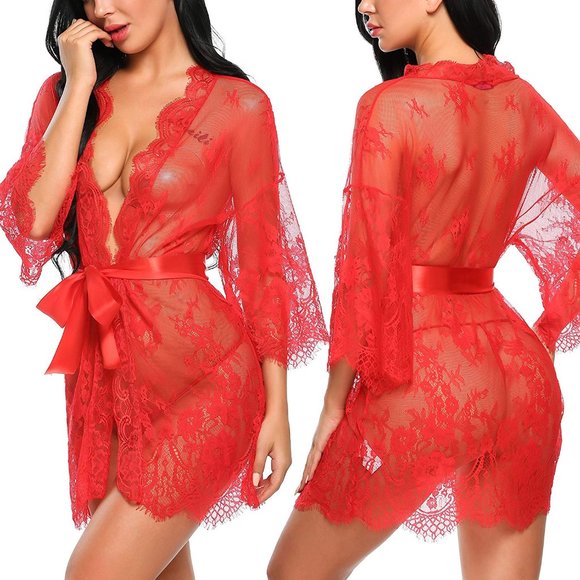 Lace Kimono Robe Babydoll Lingerie Mesh Sleepwear - Picture 5 of 5